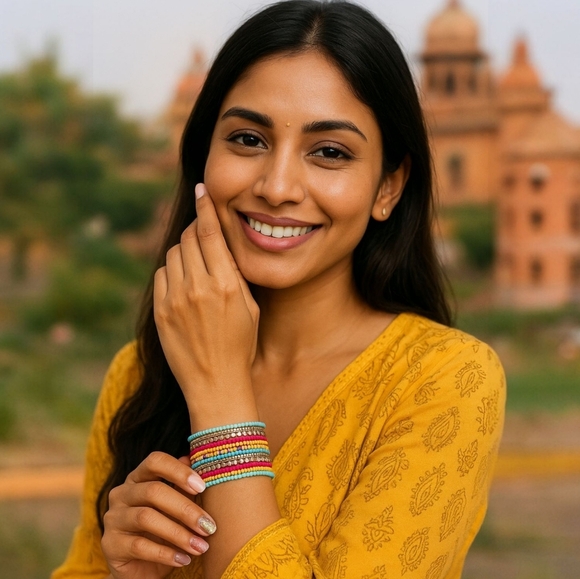 🆕️Indian Artisanal Beaded Boho Chic Cuff Bracelet | Pastel & Brass Statement 🌼 - Picture 3 of 14